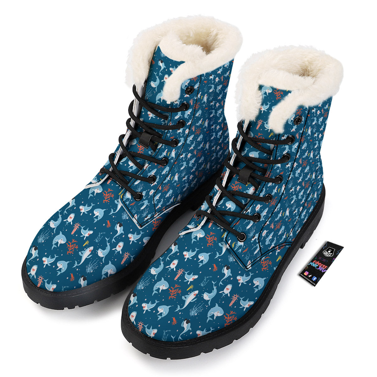 White Shark Cartoon Print Pattern Winter Boots-grizzshop