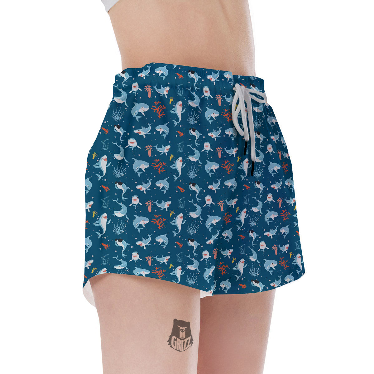 White Shark Cartoon Print Pattern Women's Shorts-grizzshop