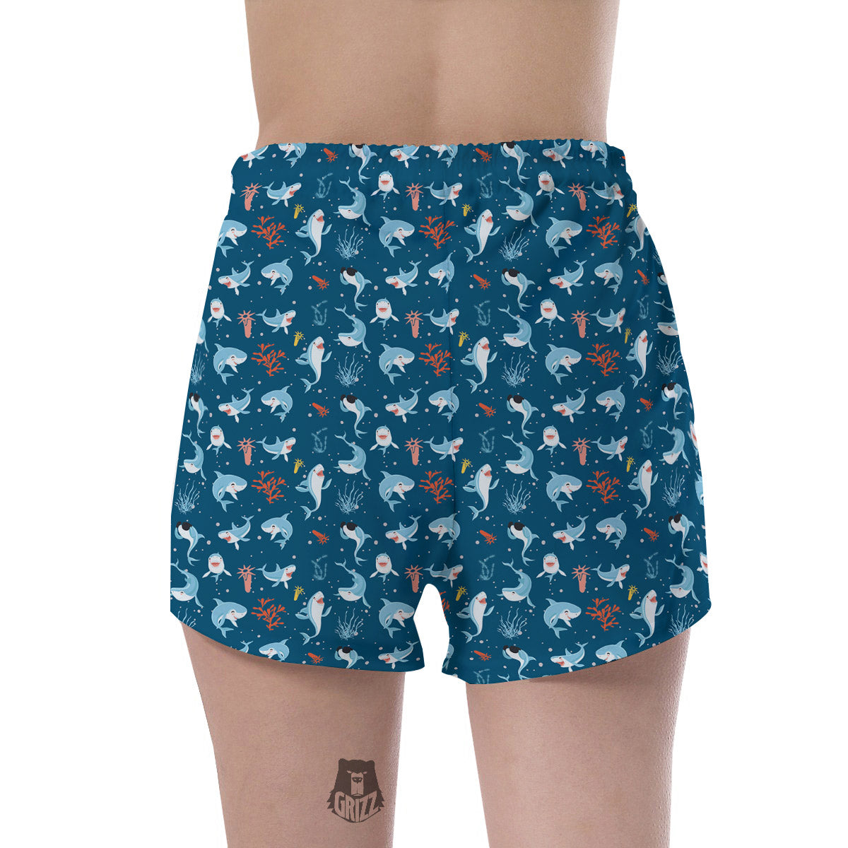 White Shark Cartoon Print Pattern Women's Shorts-grizzshop
