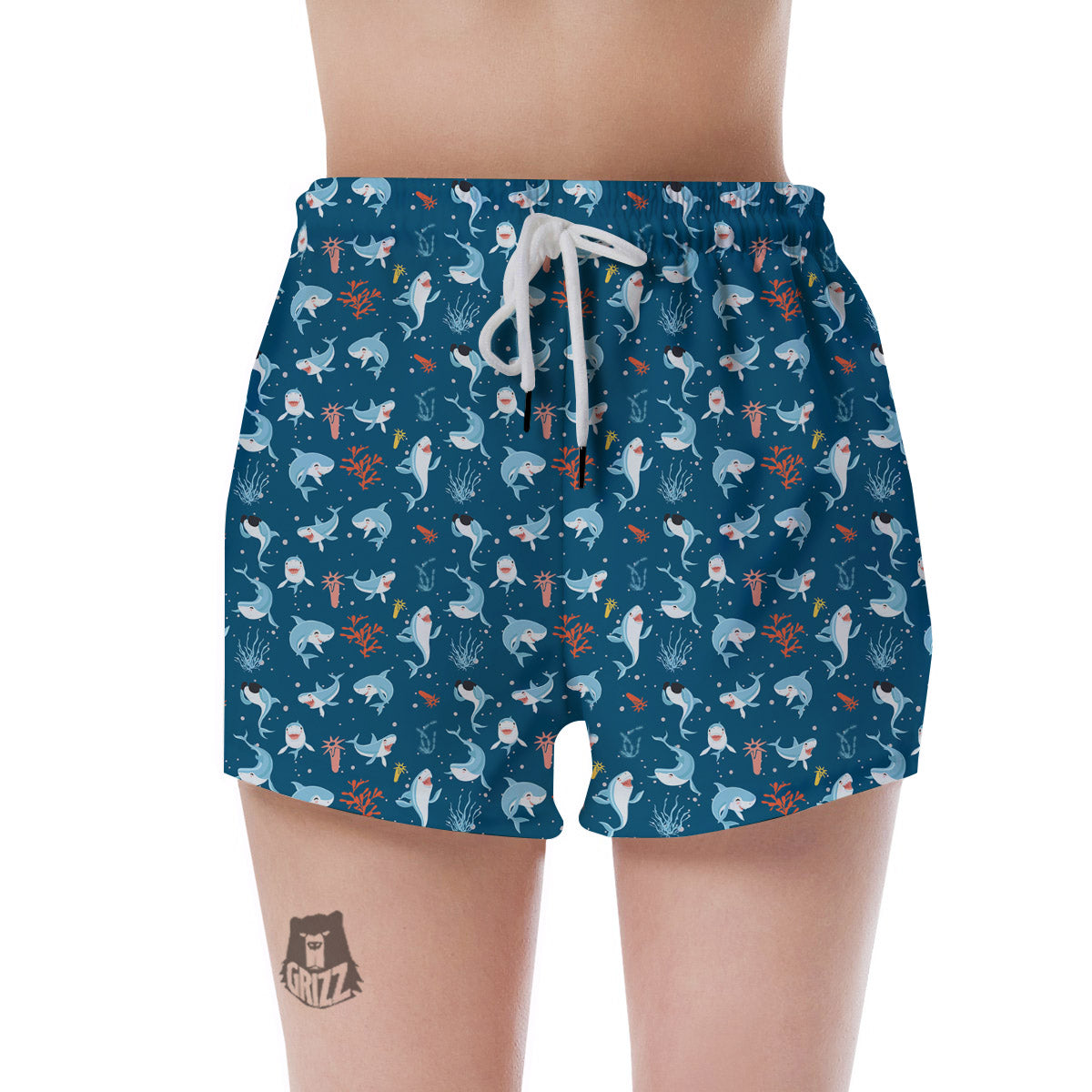White Shark Cartoon Print Pattern Women's Shorts-grizzshop