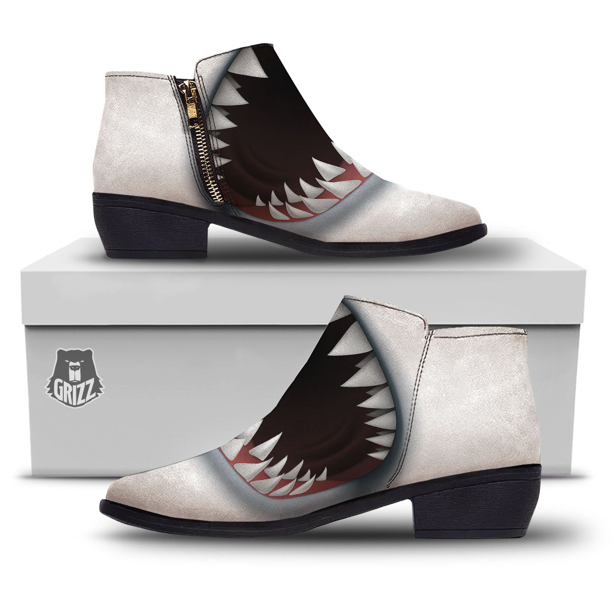 White Shark Open Mouth Print Ankle Boots-grizzshop