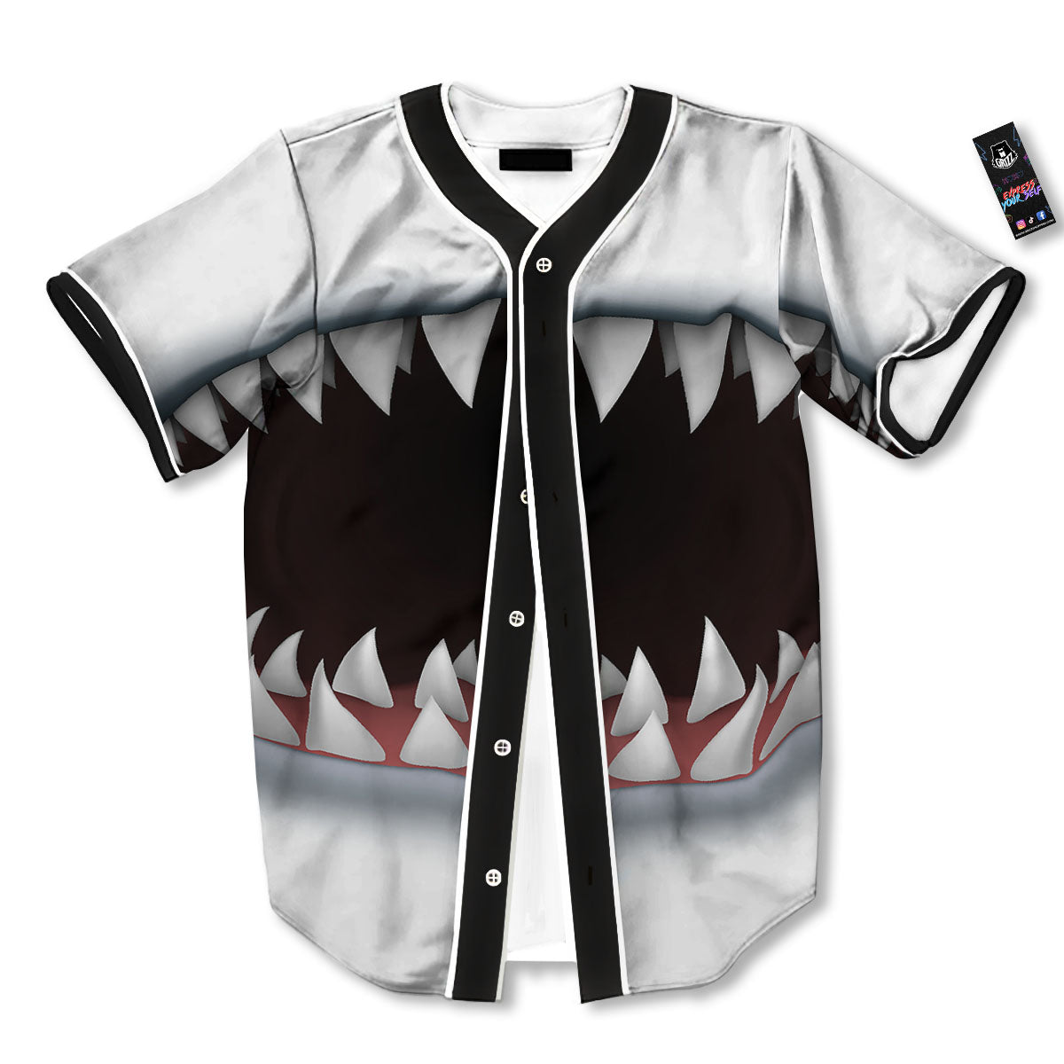 White Shark Open Mouth Print Baseball Jersey-grizzshop