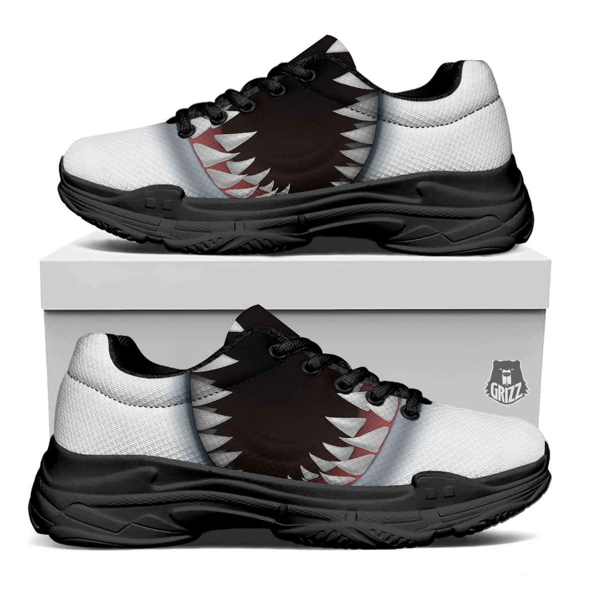 White Shark Open Mouth Print Black Chunky Shoes-grizzshop