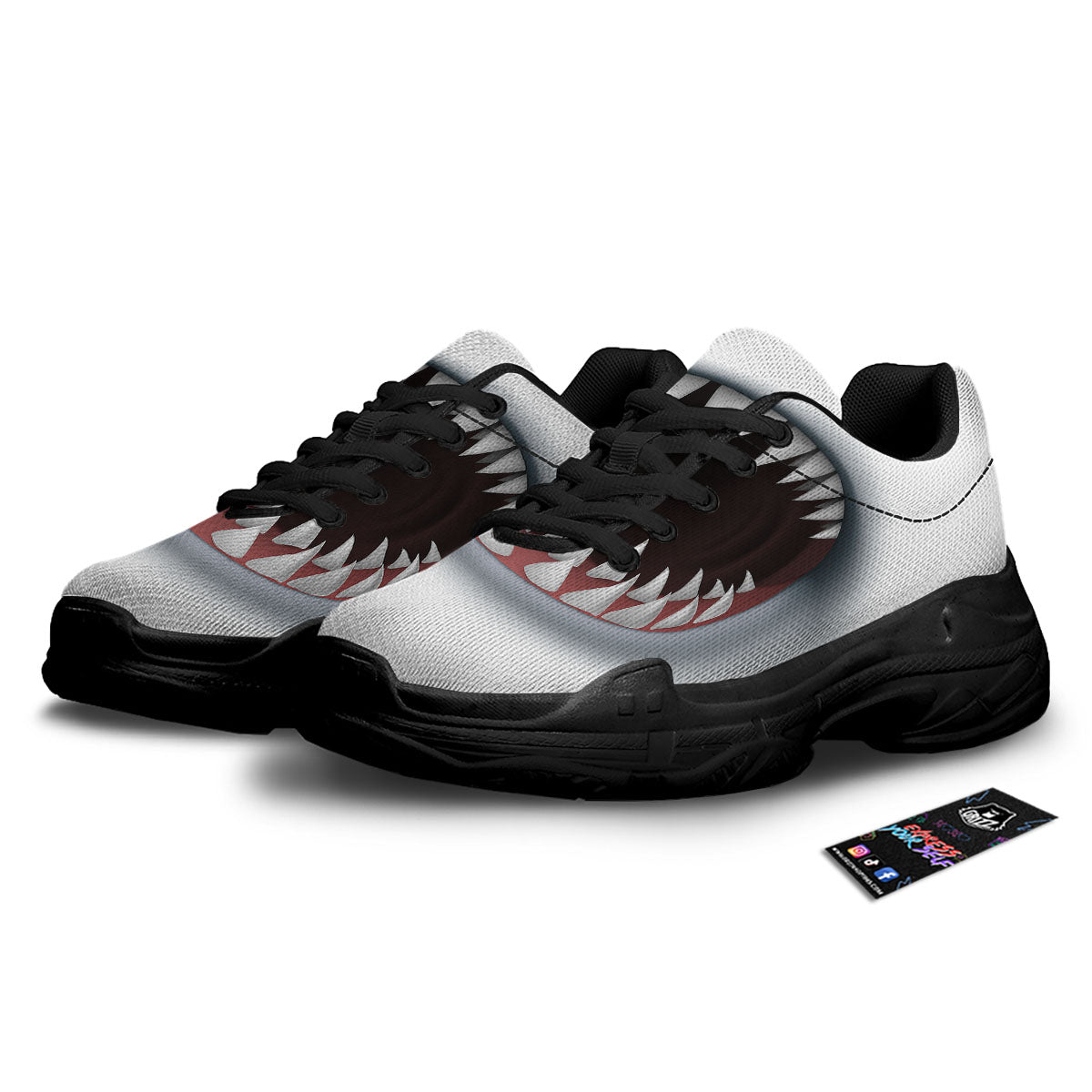 White Shark Open Mouth Print Black Chunky Shoes-grizzshop