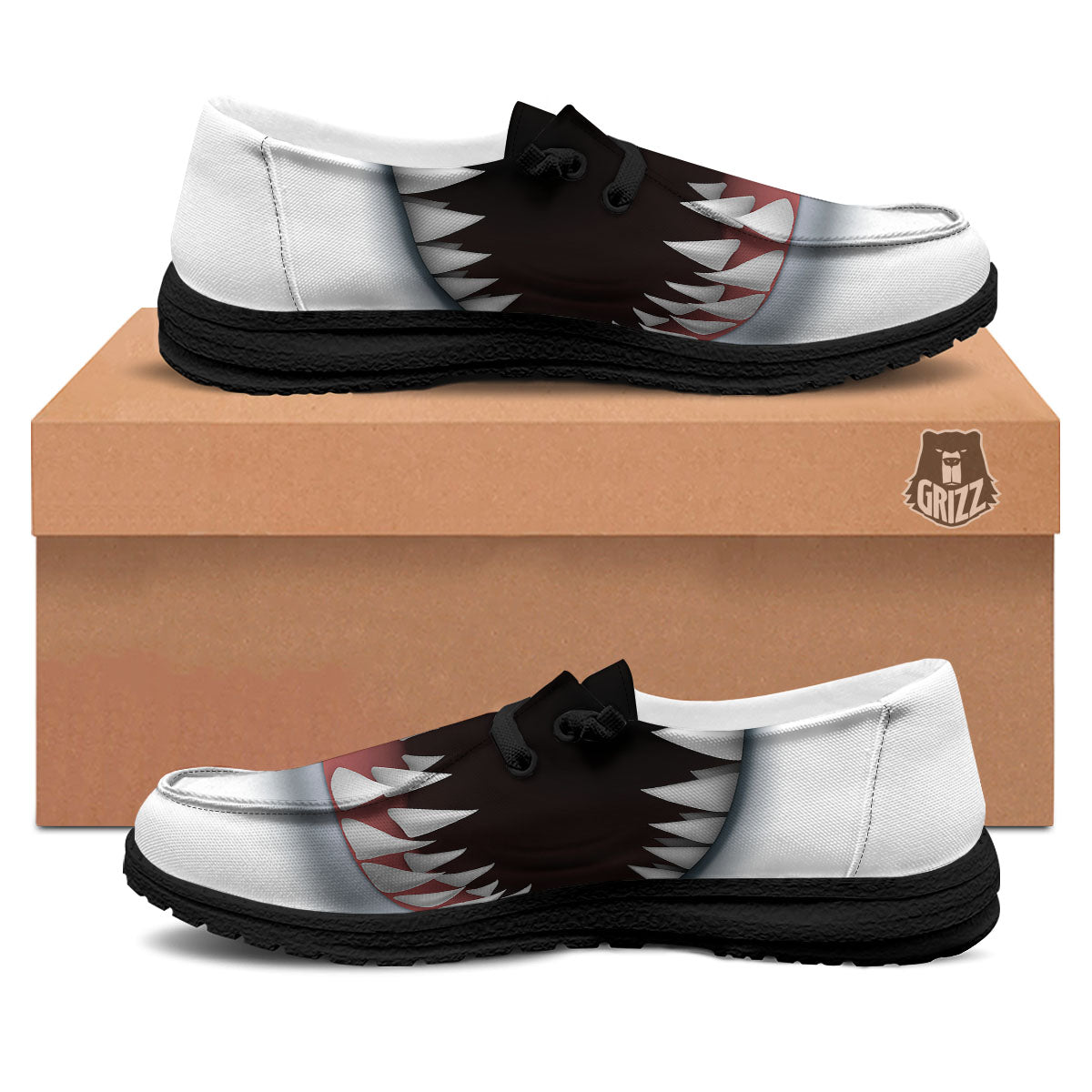 White Shark Open Mouth Print Black Loafers-grizzshop