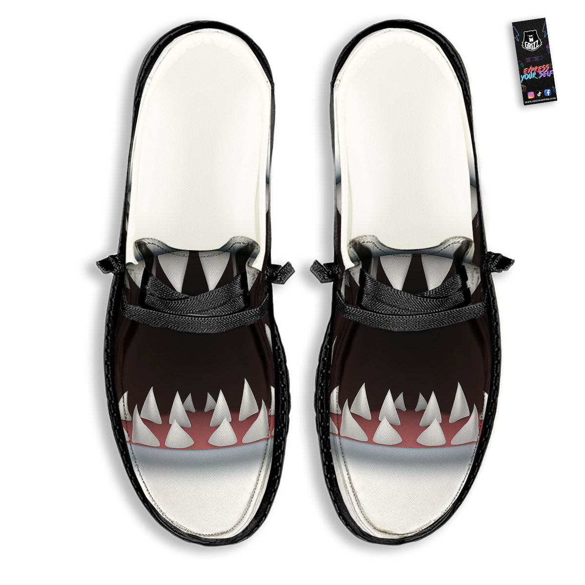 White Shark Open Mouth Print Black Loafers-grizzshop