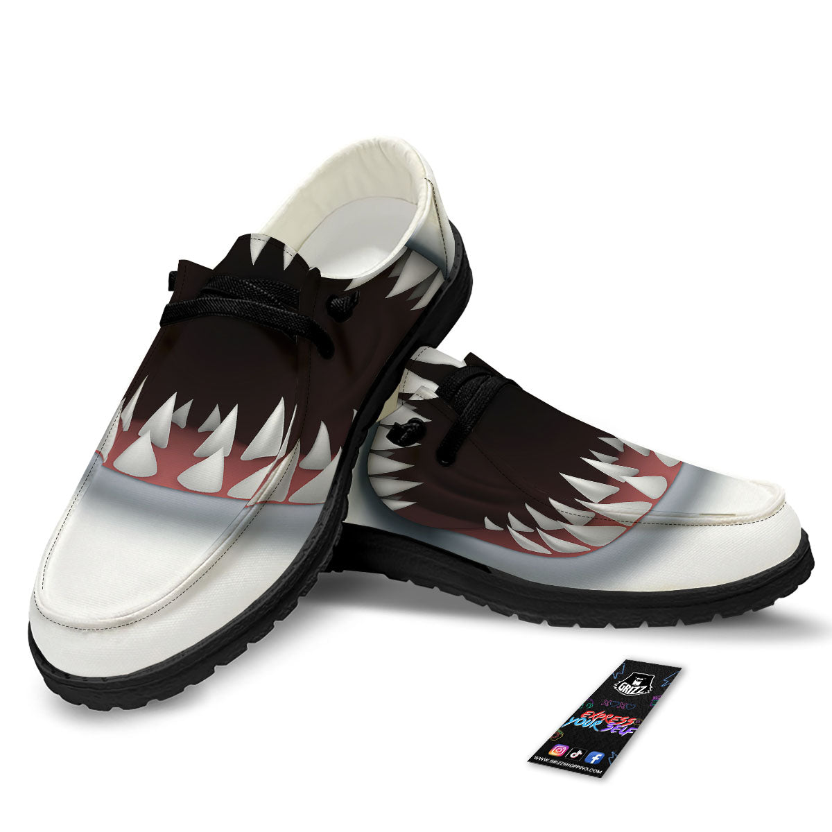 White Shark Open Mouth Print Black Loafers-grizzshop