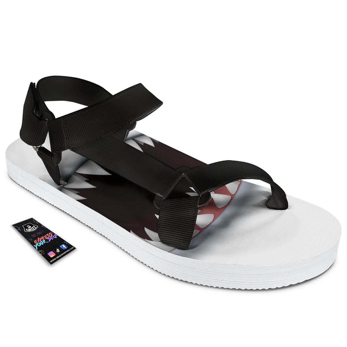 White Shark Open Mouth Print Black Open Toe Sandals-grizzshop