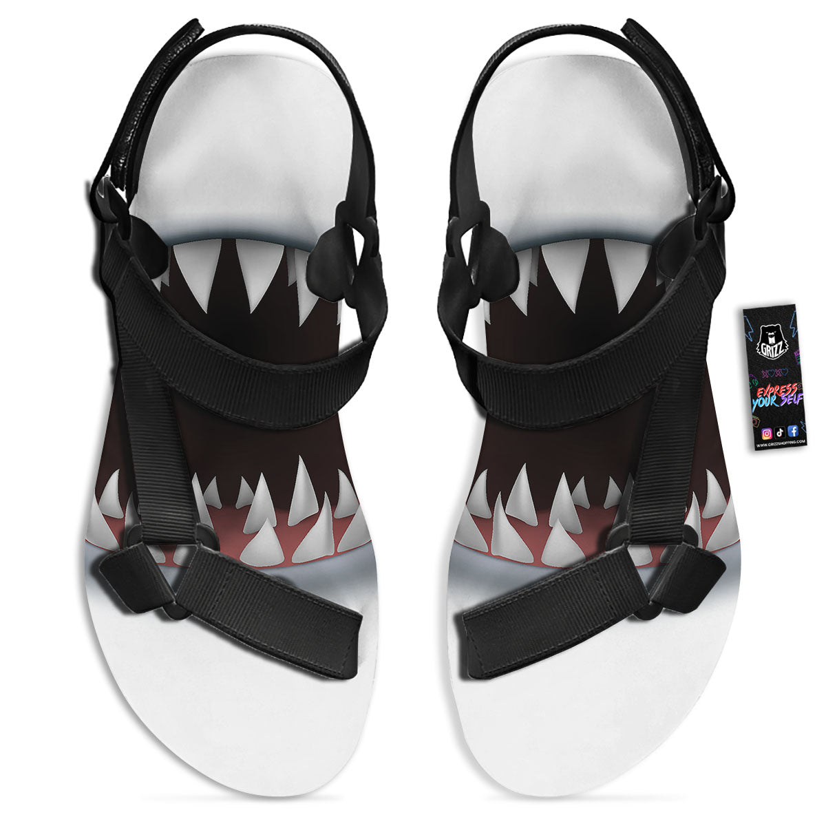 White Shark Open Mouth Print Black Open Toe Sandals-grizzshop
