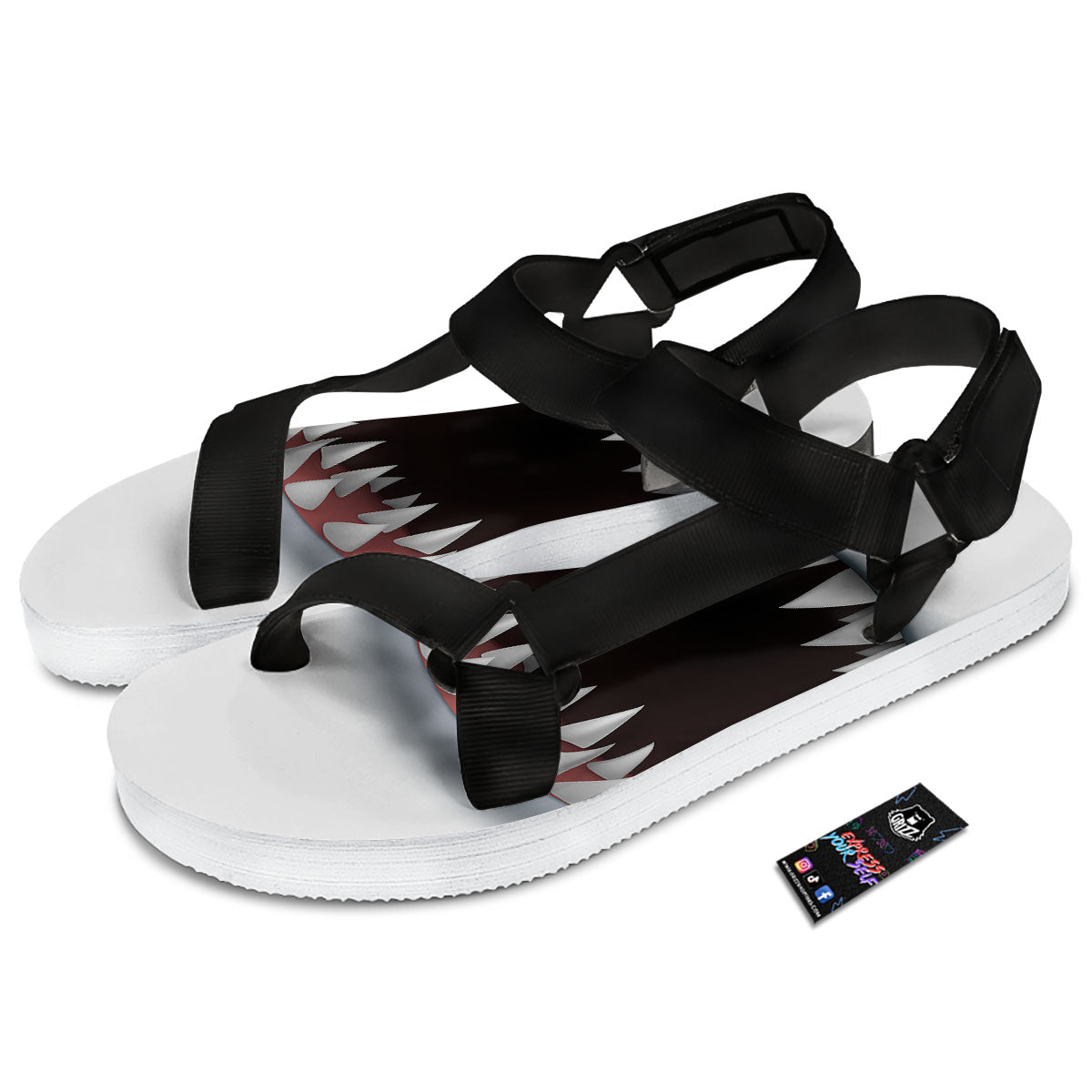 White Shark Open Mouth Print Black Open Toe Sandals-grizzshop