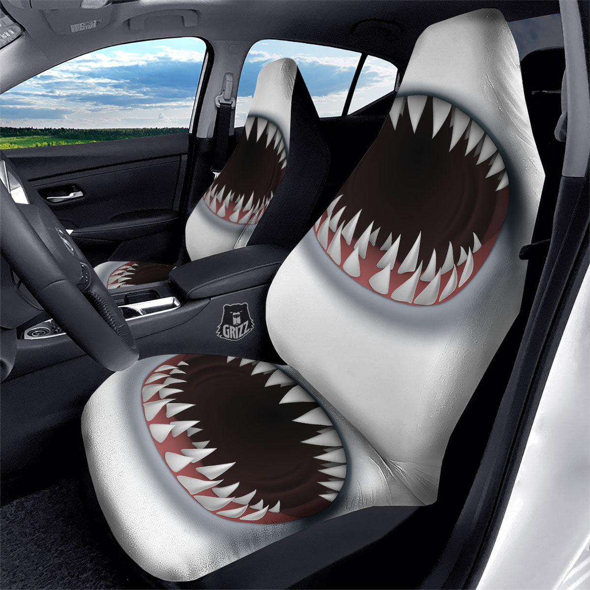 White Shark Open Mouth Print Car Seat Covers-grizzshop