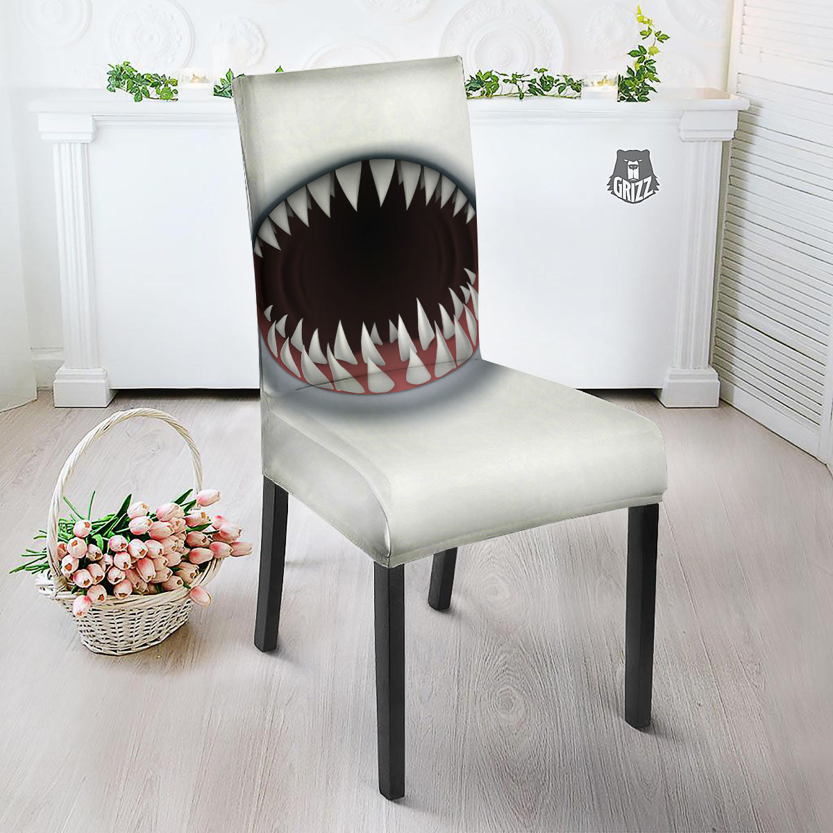 White Shark Open Mouth Print Dining Chair Slipcover-grizzshop