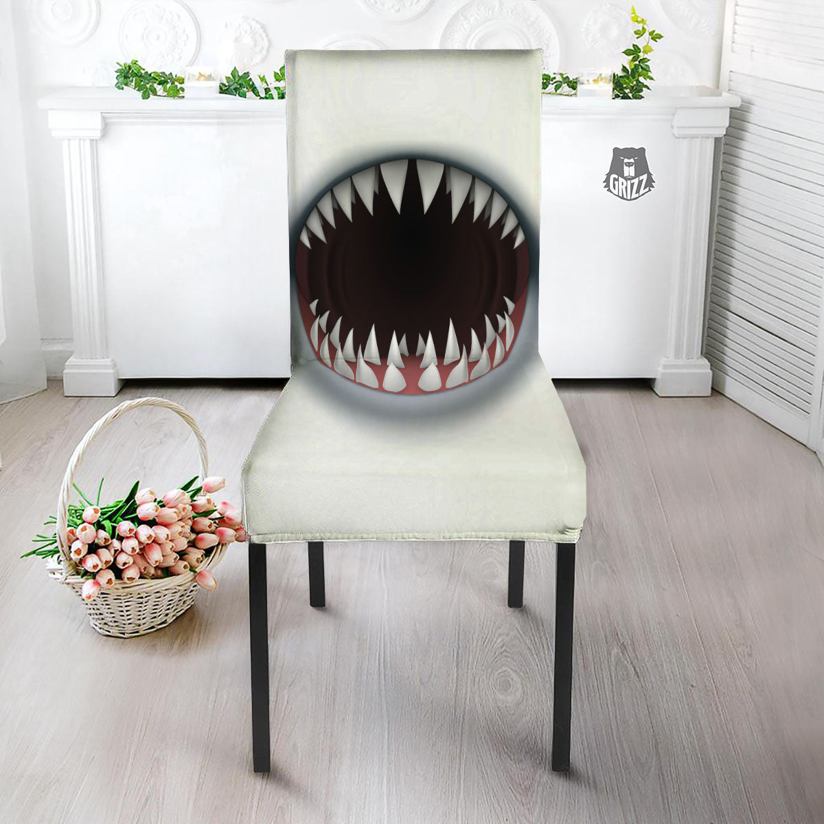 White Shark Open Mouth Print Dining Chair Slipcover-grizzshop
