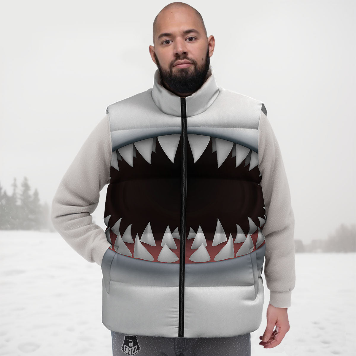 White Shark Open Mouth Print Down Vest
