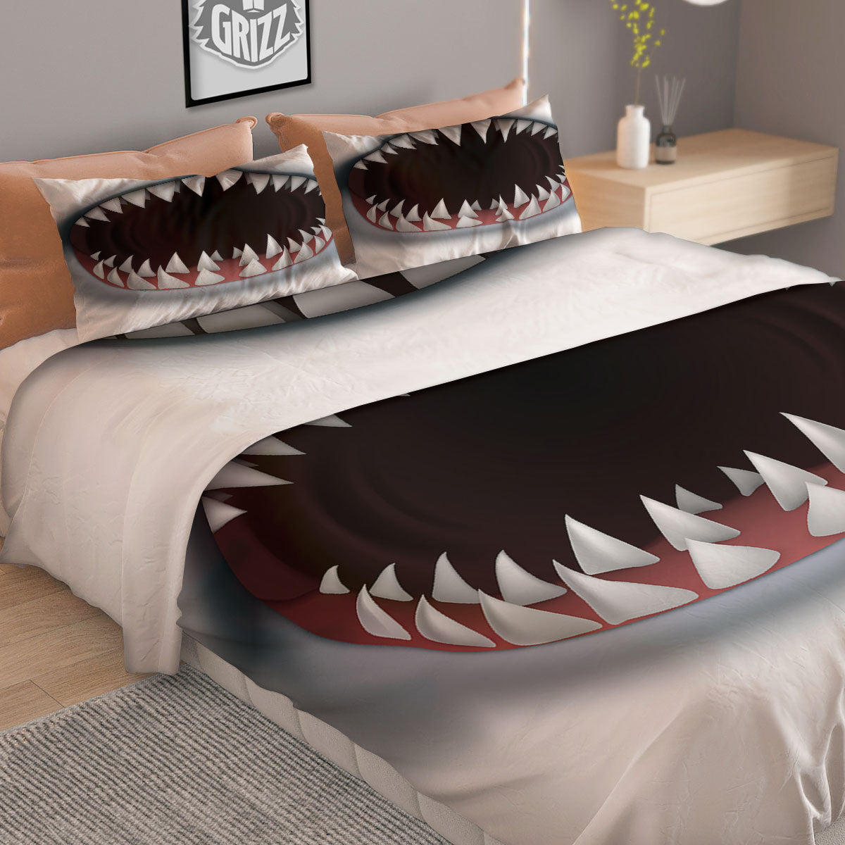 White Shark Open Mouth Print Duvet Cover Bedding Set