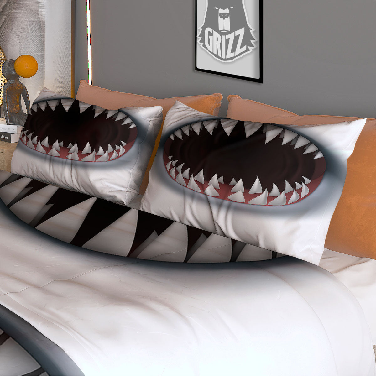 White Shark Open Mouth Print Duvet Cover Bedding Set