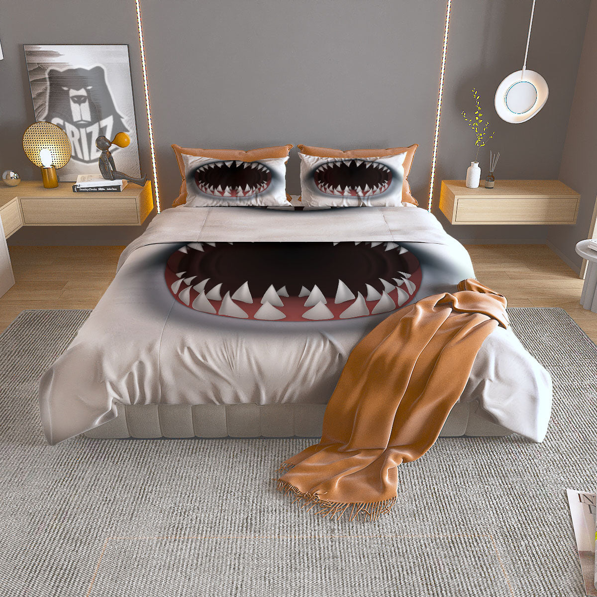 White Shark Open Mouth Print Duvet Cover Bedding Set