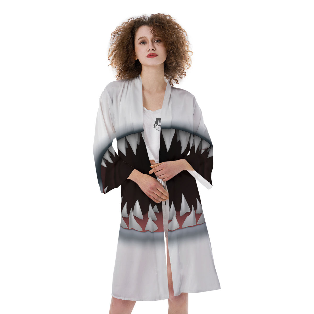 White Shark Open Mouth Print Kimono-grizzshop