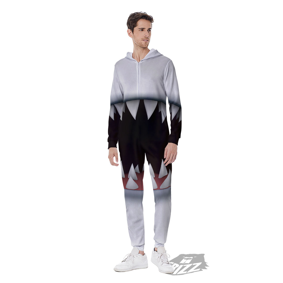 White Shark Open Mouth Print Men's Jumpsuit-grizzshop