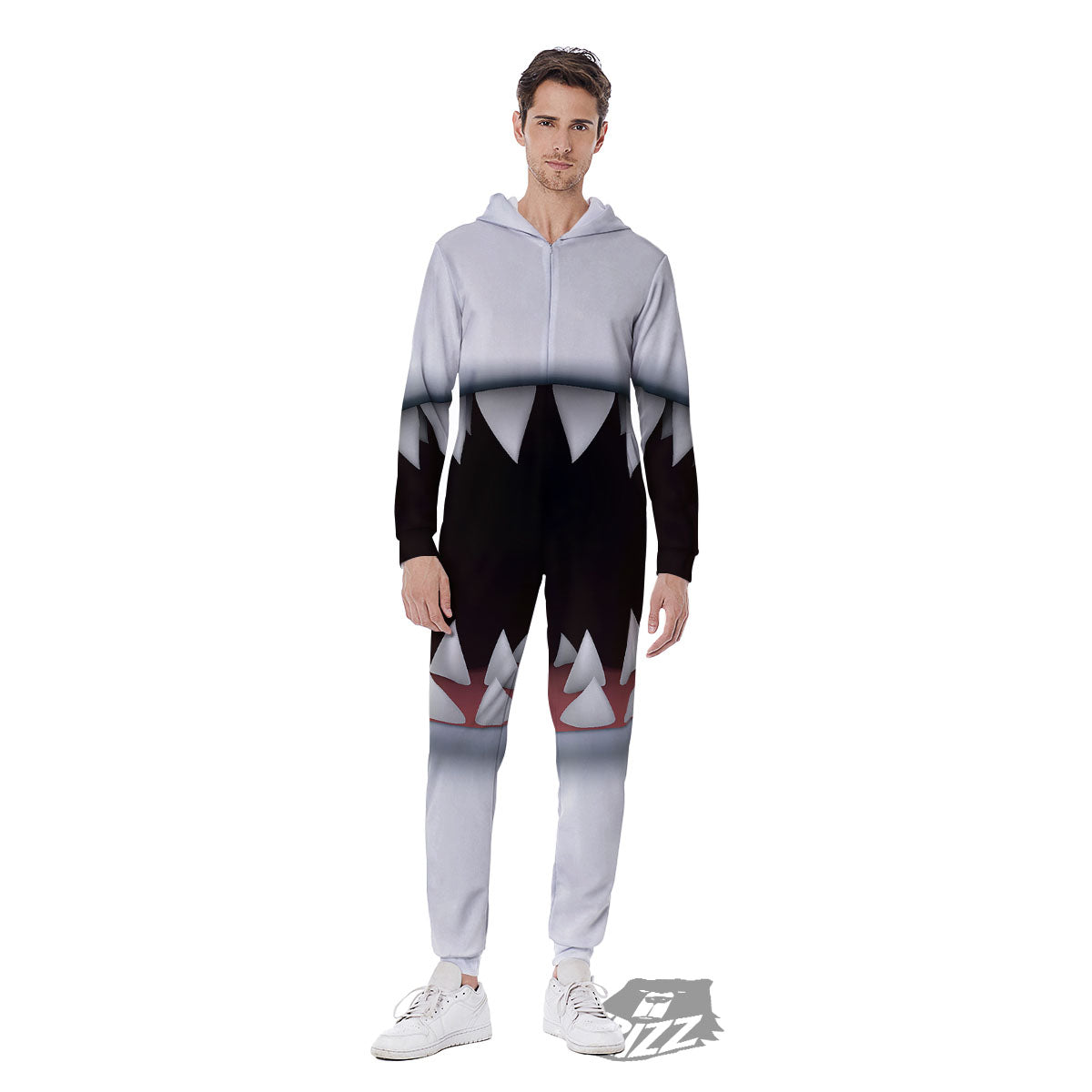 White Shark Open Mouth Print Men's Jumpsuit-grizzshop