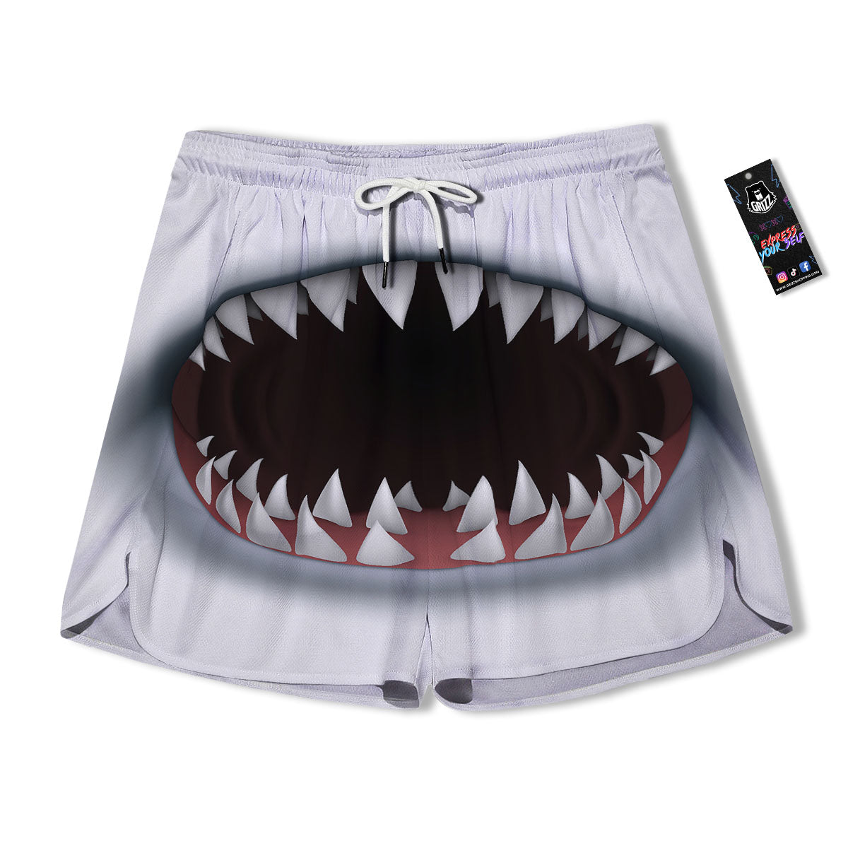 White Shark Open Mouth Print Men's Running Shorts-grizzshop