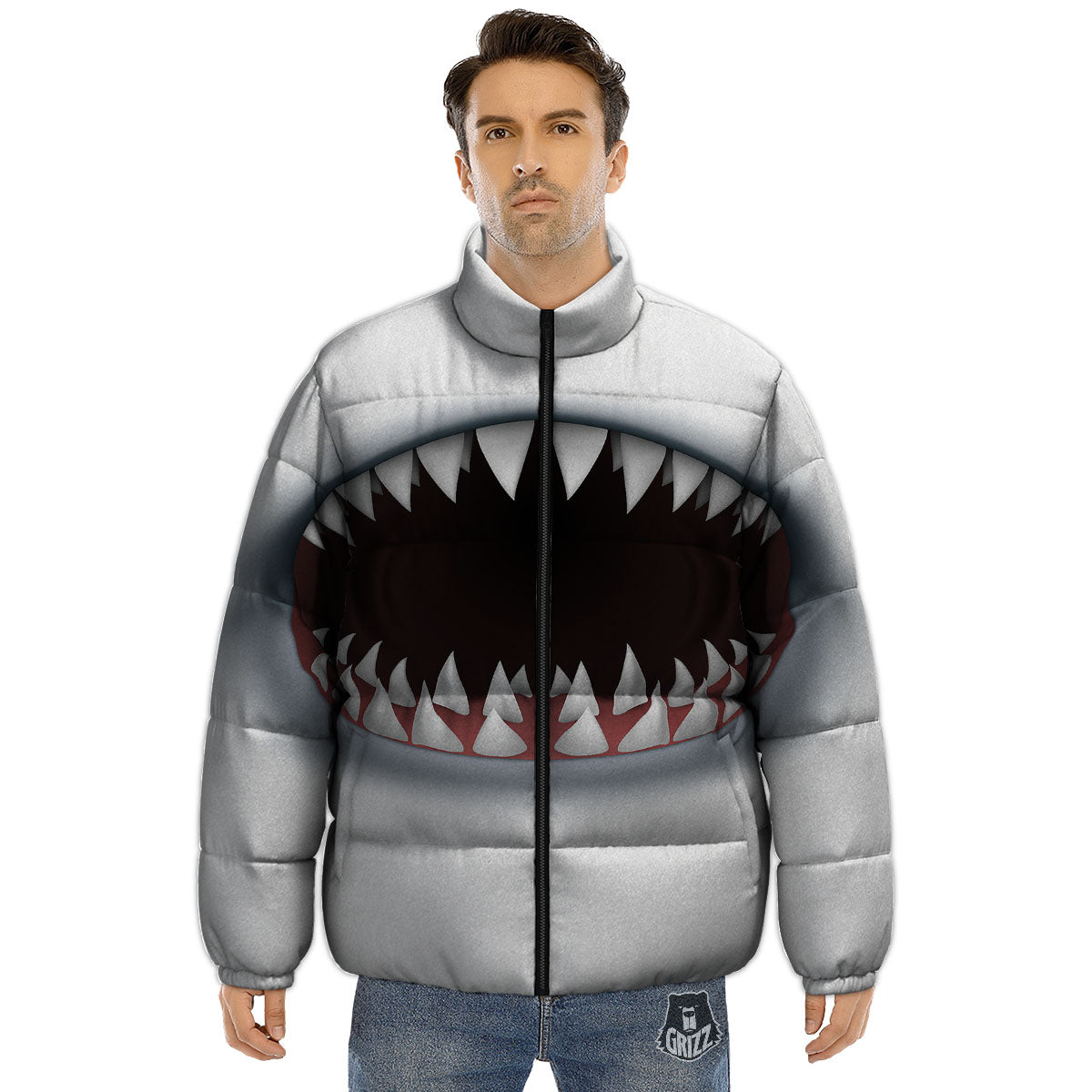 White Shark Open Mouth Print Puffer Jacket-grizzshop