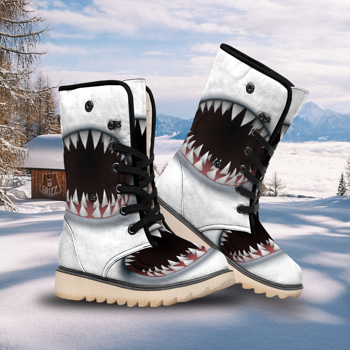 White Shark Open Mouth Print Snow Boots-grizzshop