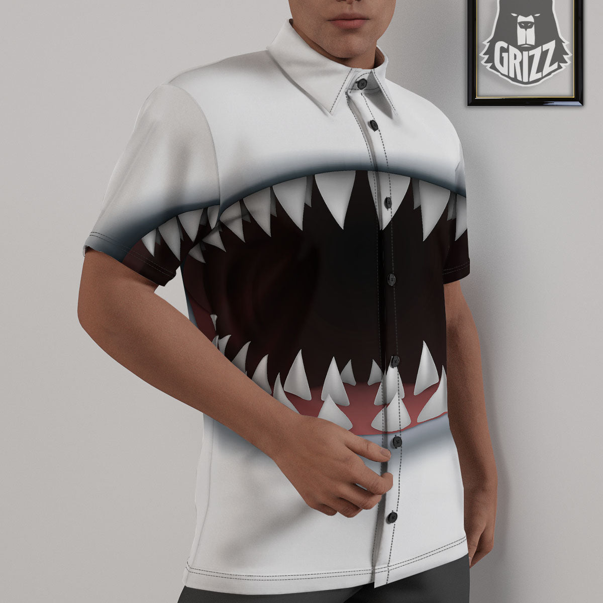 White Shark Open Mouth Print Untucked Shirts-grizzshop