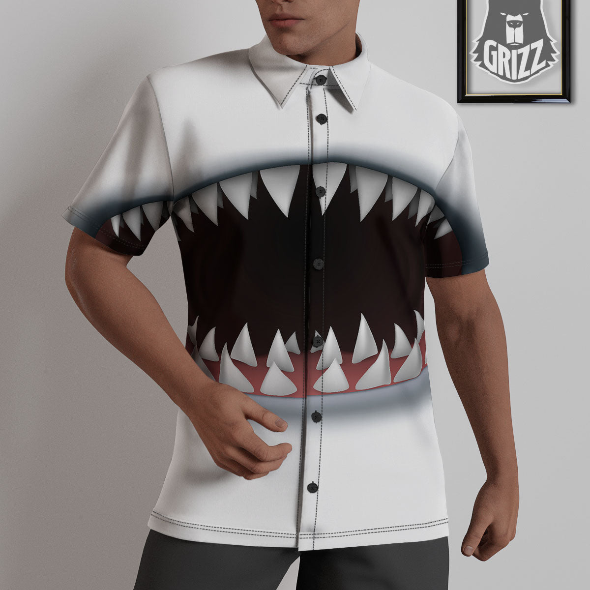 White Shark Open Mouth Print Untucked Shirts-grizzshop