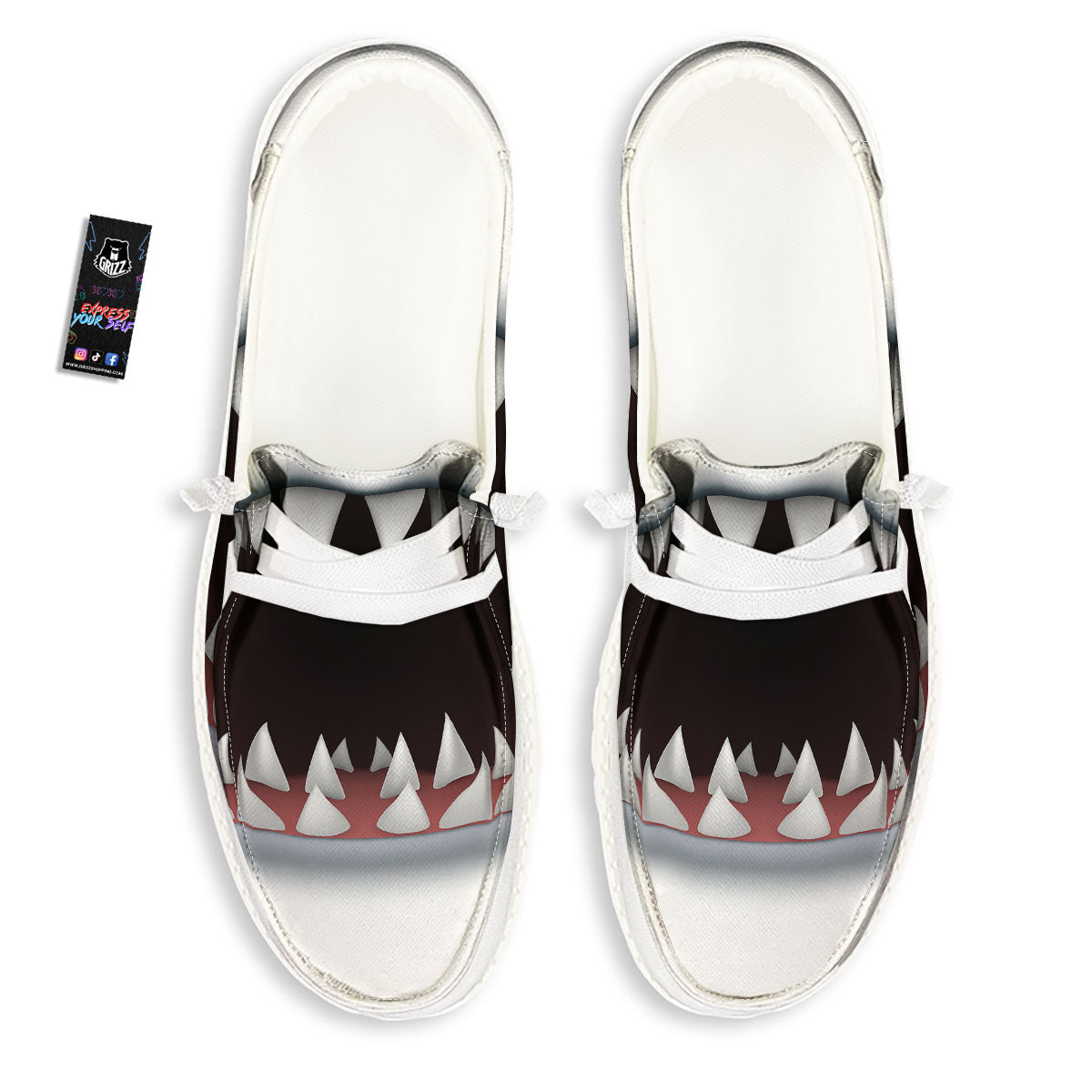 White Shark Open Mouth Print White Loafers-grizzshop