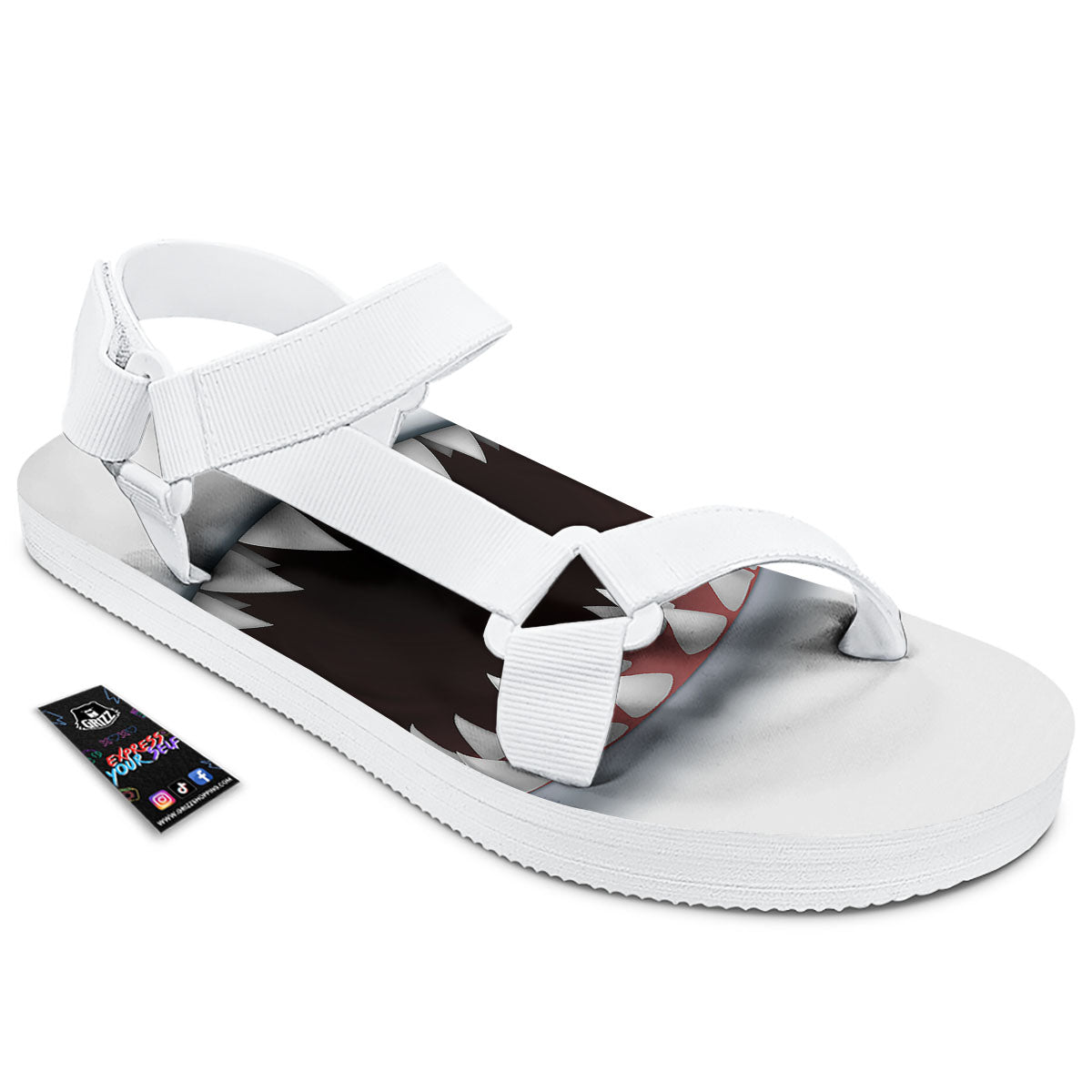 White Shark Open Mouth Print White Open Toe Sandals-grizzshop