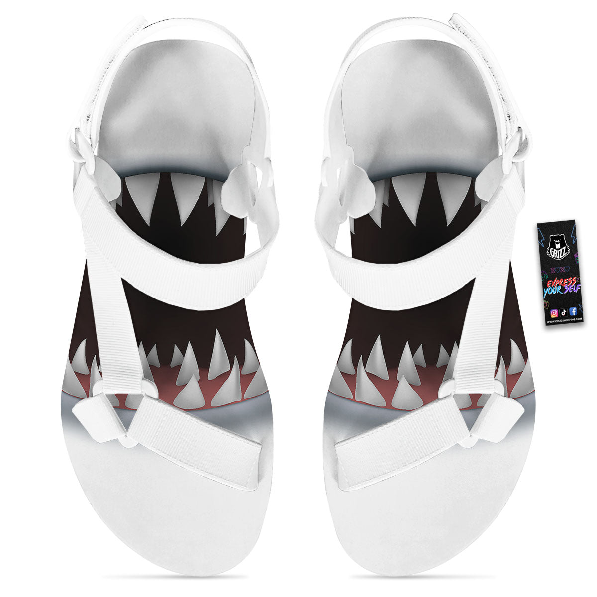 White Shark Open Mouth Print White Open Toe Sandals-grizzshop