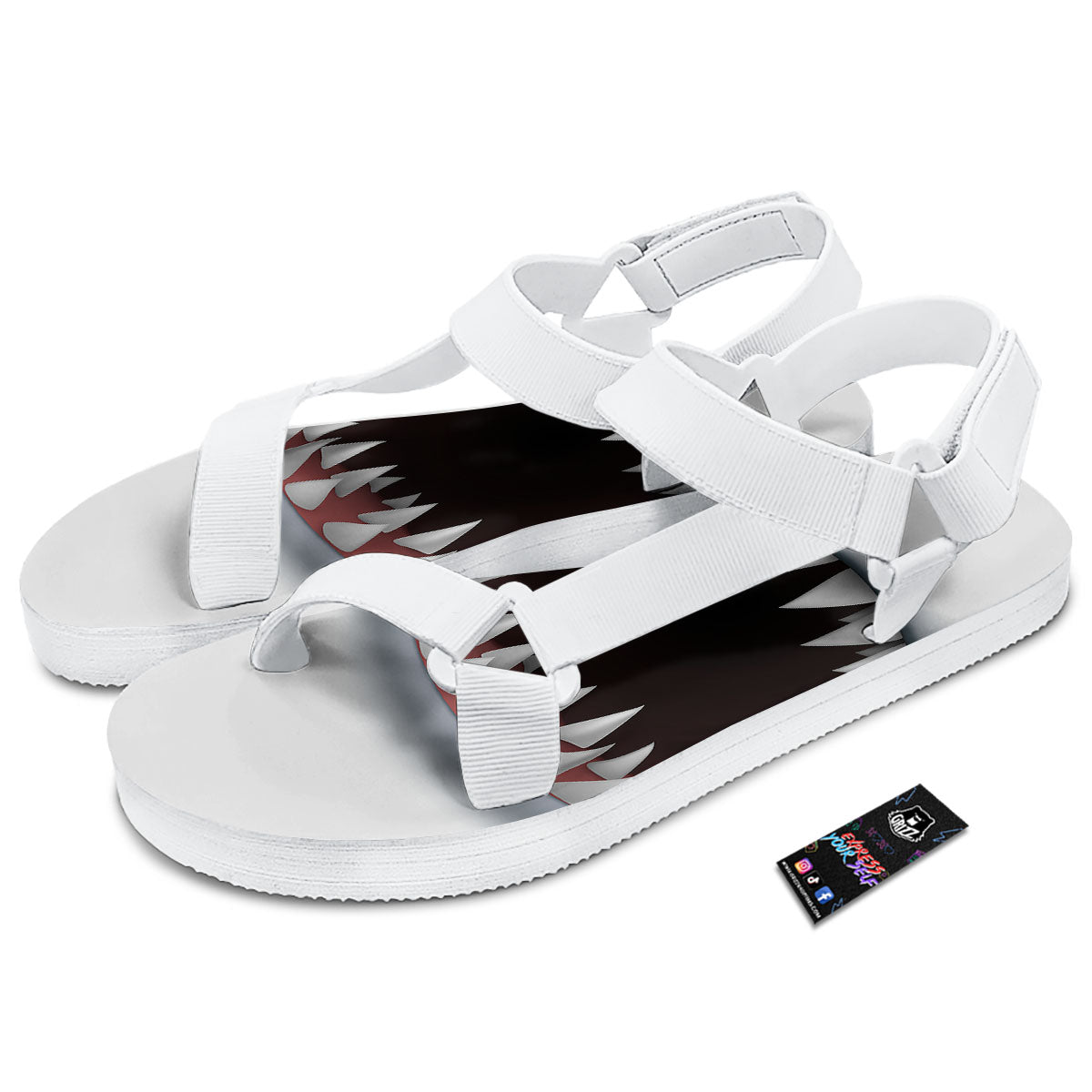 White Shark Open Mouth Print White Open Toe Sandals-grizzshop