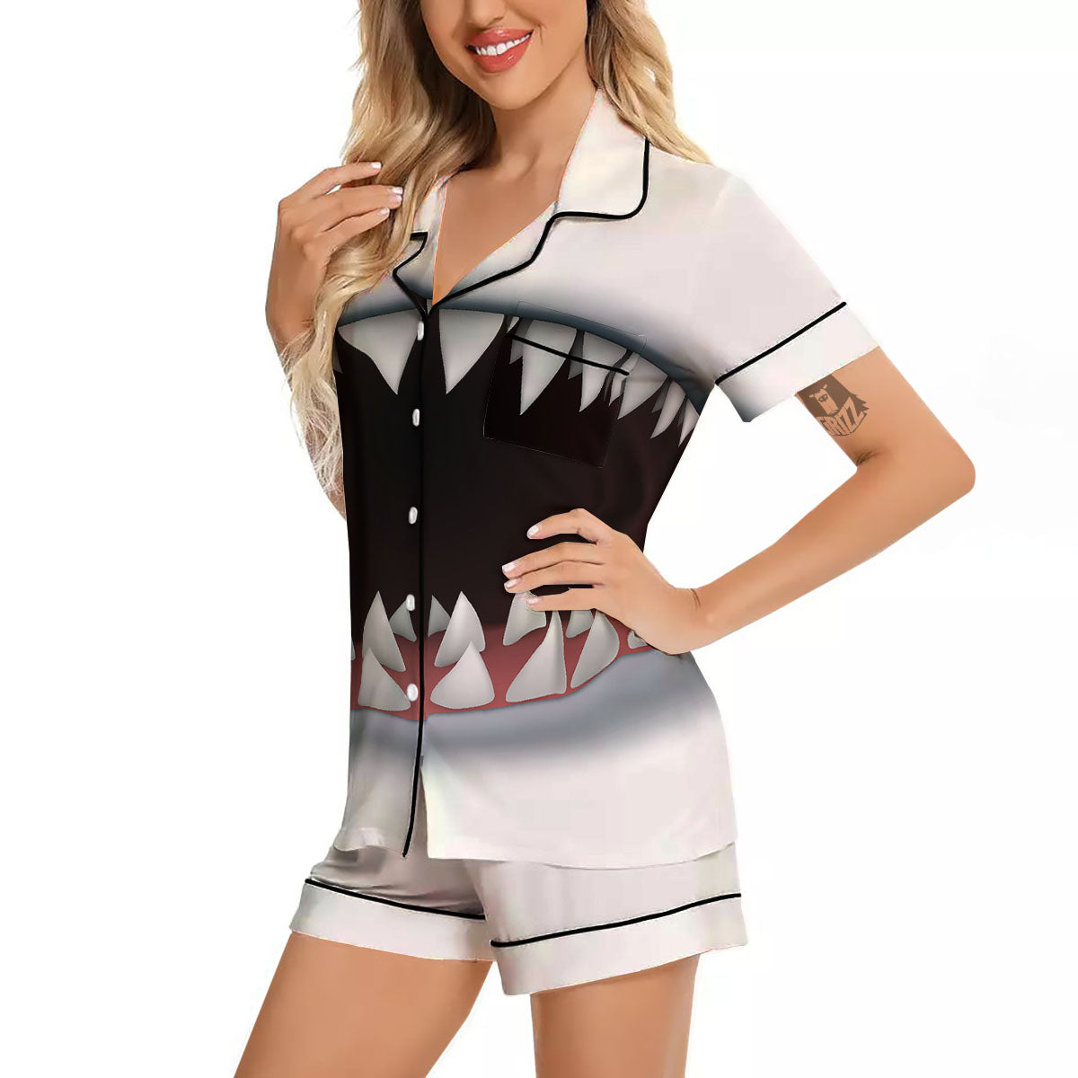 White Shark Open Mouth Print Women Silk Pajamas-grizzshop