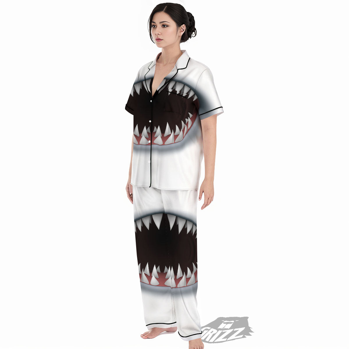 White Shark Open Mouth Print Women's Pajamas Set-grizzshop