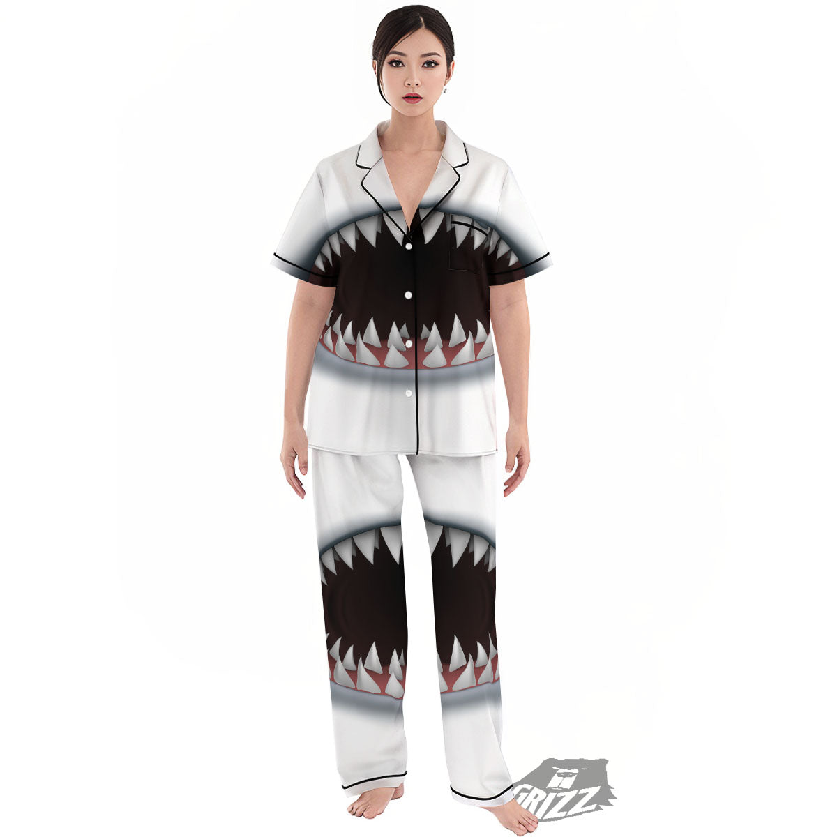 White Shark Open Mouth Print Women's Pajamas Set-grizzshop