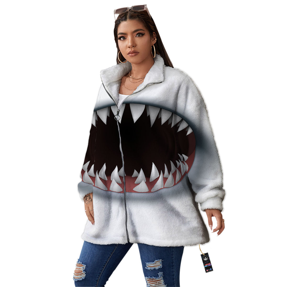 White Shark Open Mouth Print Women's Sherpa Jacket-grizzshop