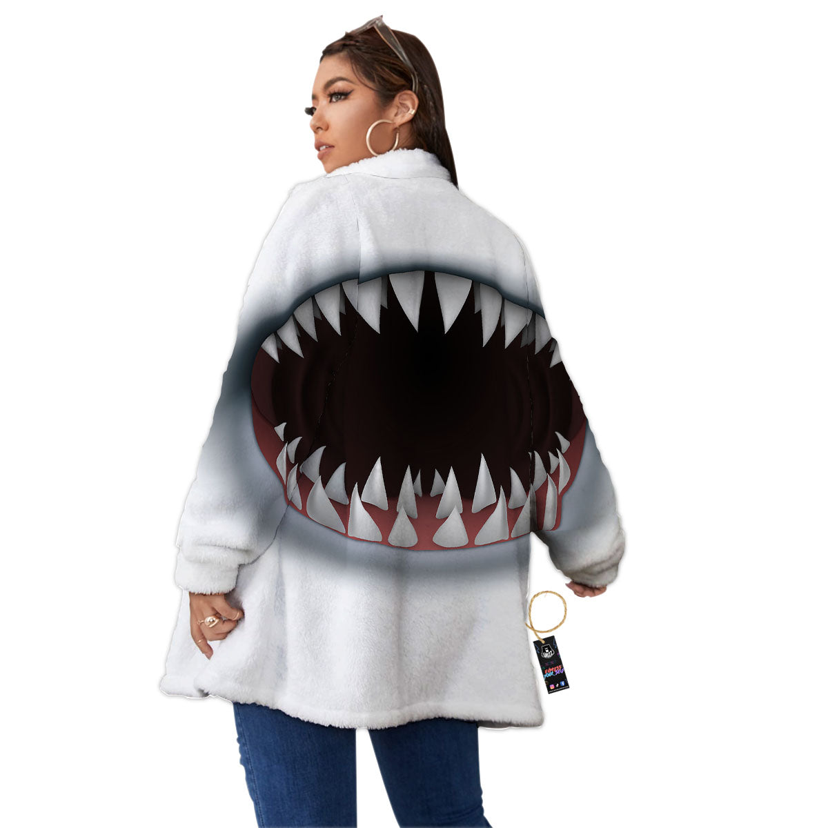 White Shark Open Mouth Print Women's Sherpa Jacket-grizzshop