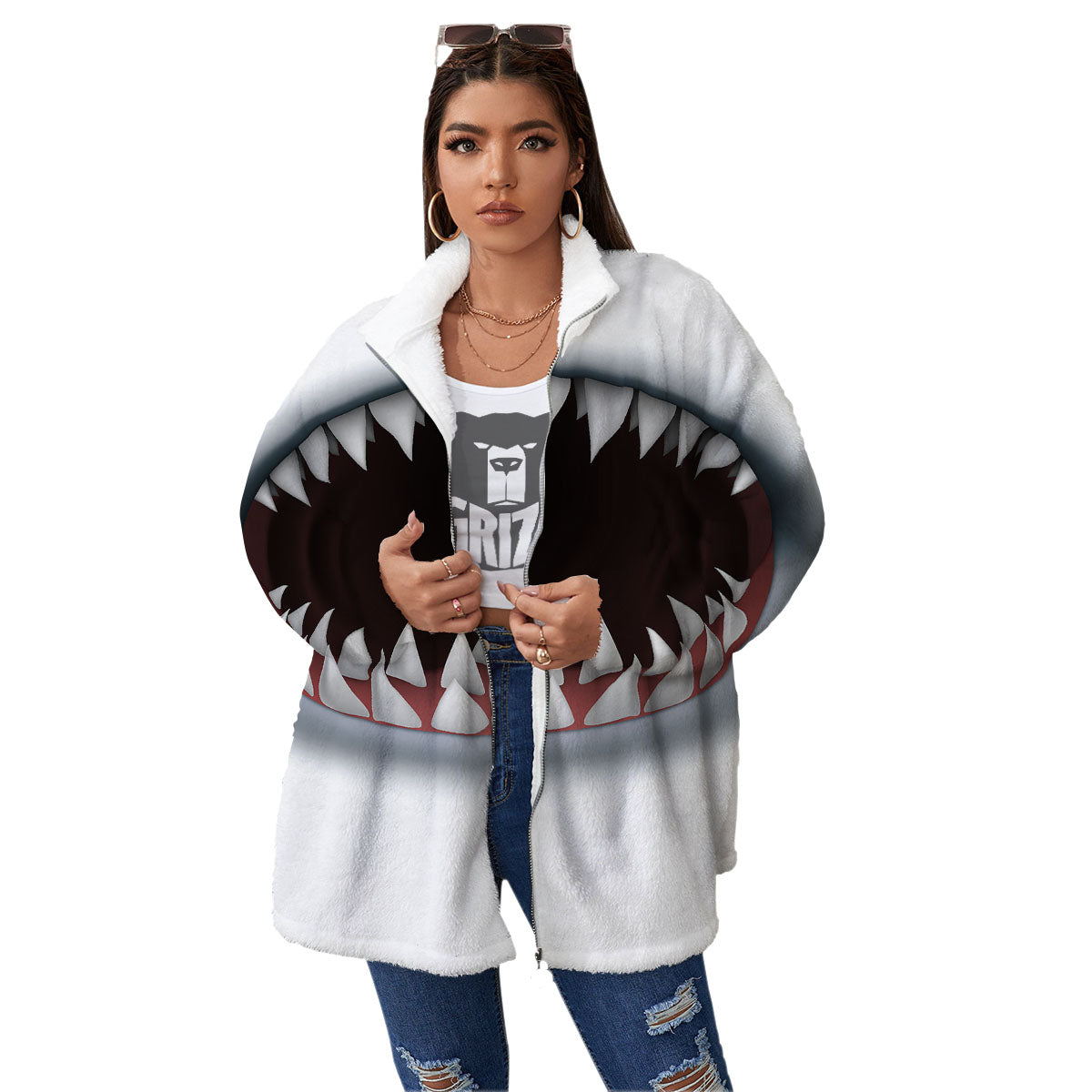 White Shark Open Mouth Print Women's Sherpa Jacket-grizzshop
