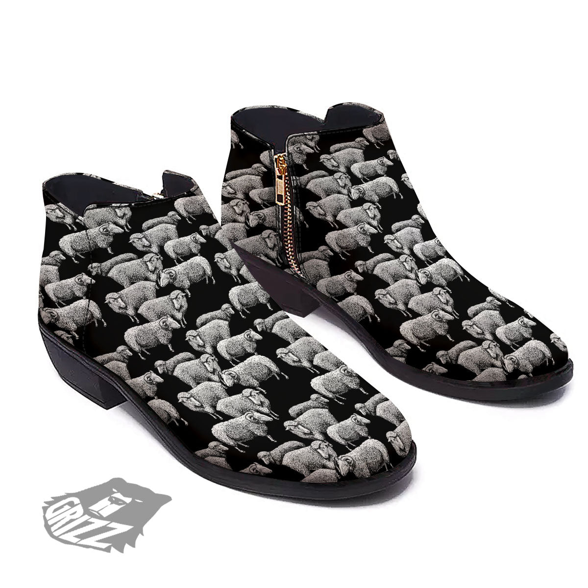 White Sheep And Black Print Pattern Ankle Boots-grizzshop