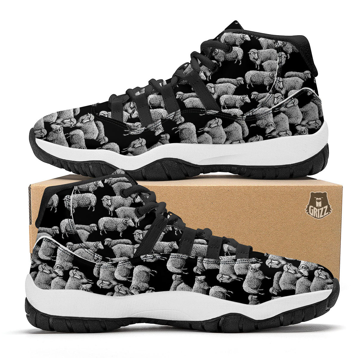 White Sheep And Black Print Pattern Black Bball Shoes-grizzshop