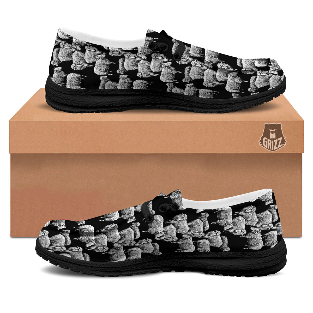 White Sheep And Black Print Pattern Black Loafers-grizzshop