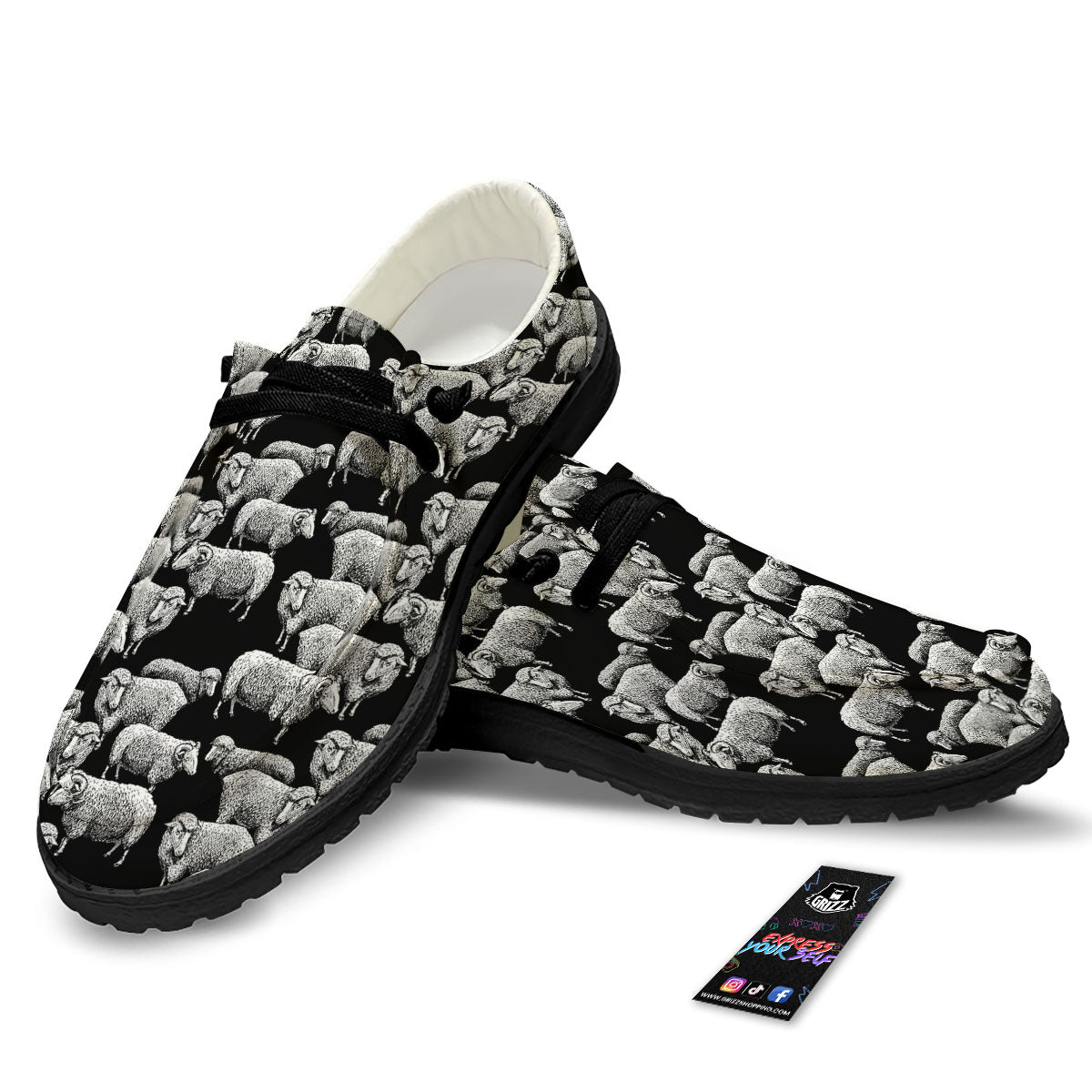 White Sheep And Black Print Pattern Black Loafers-grizzshop