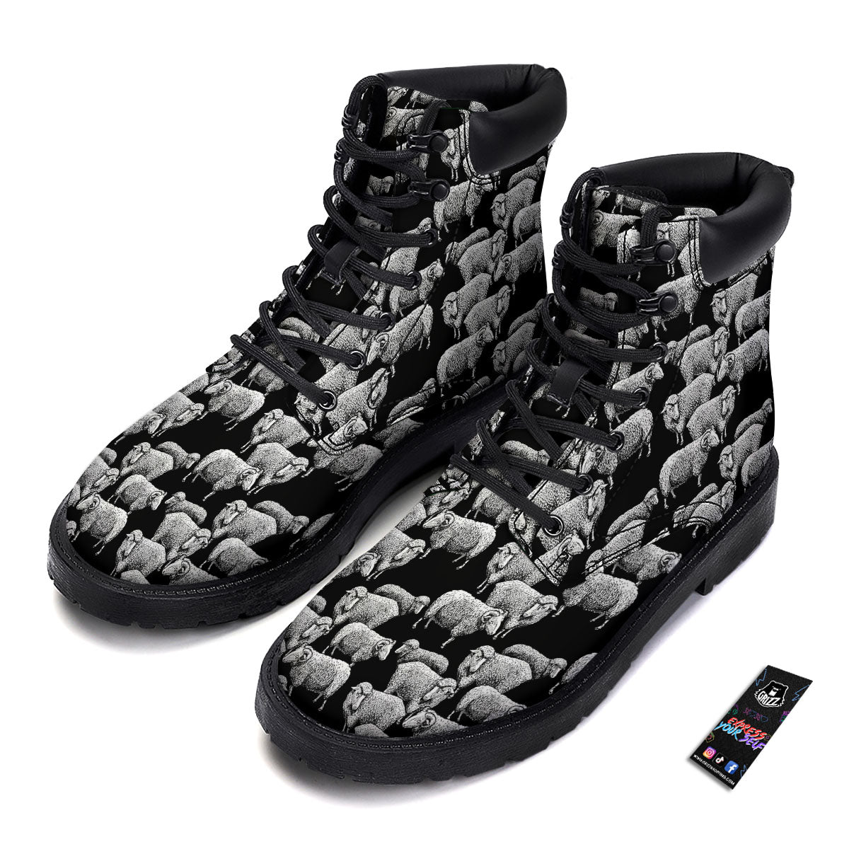 White Sheep And Black Print Pattern Boots-grizzshop