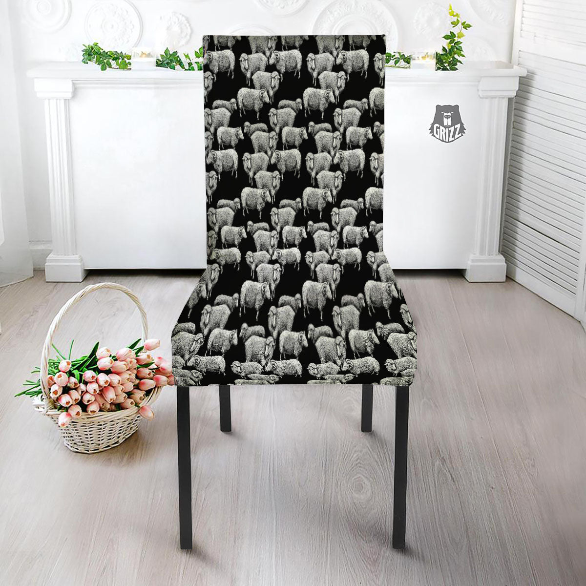 White Sheep And Black Print Pattern Dining Chair Slipcover-grizzshop