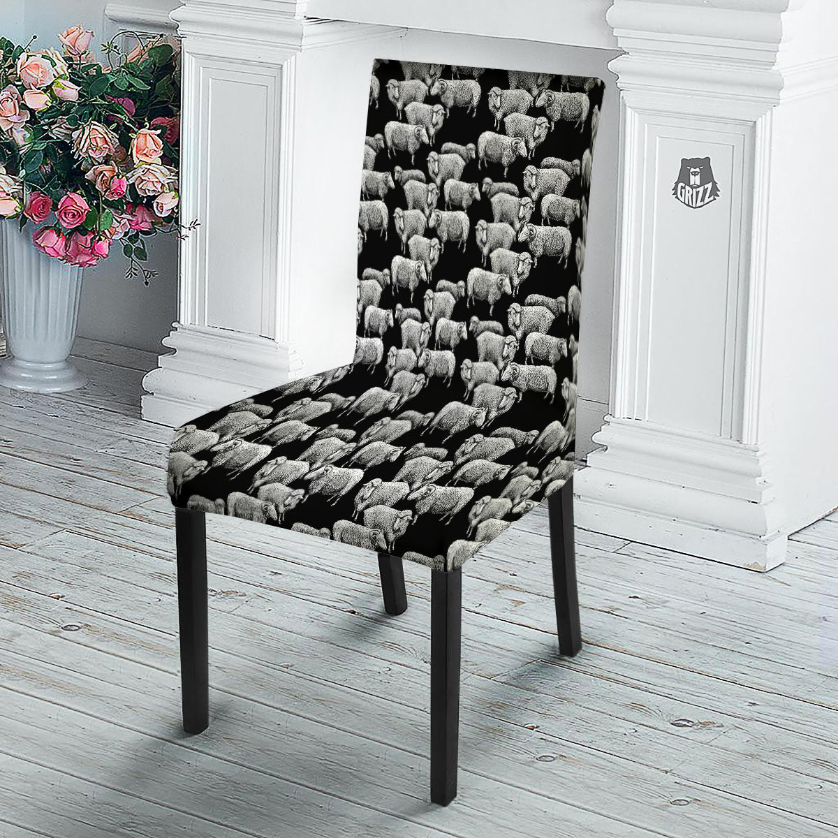 White Sheep And Black Print Pattern Dining Chair Slipcover-grizzshop