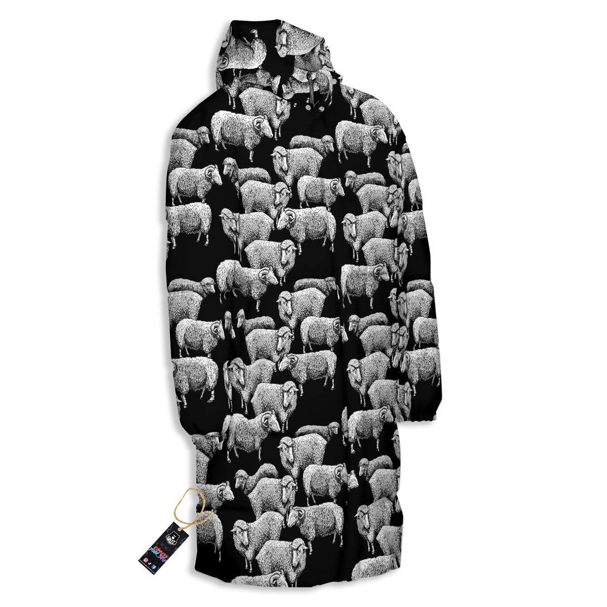 White Sheep And Black Print Pattern Long Down Jacket-grizzshop