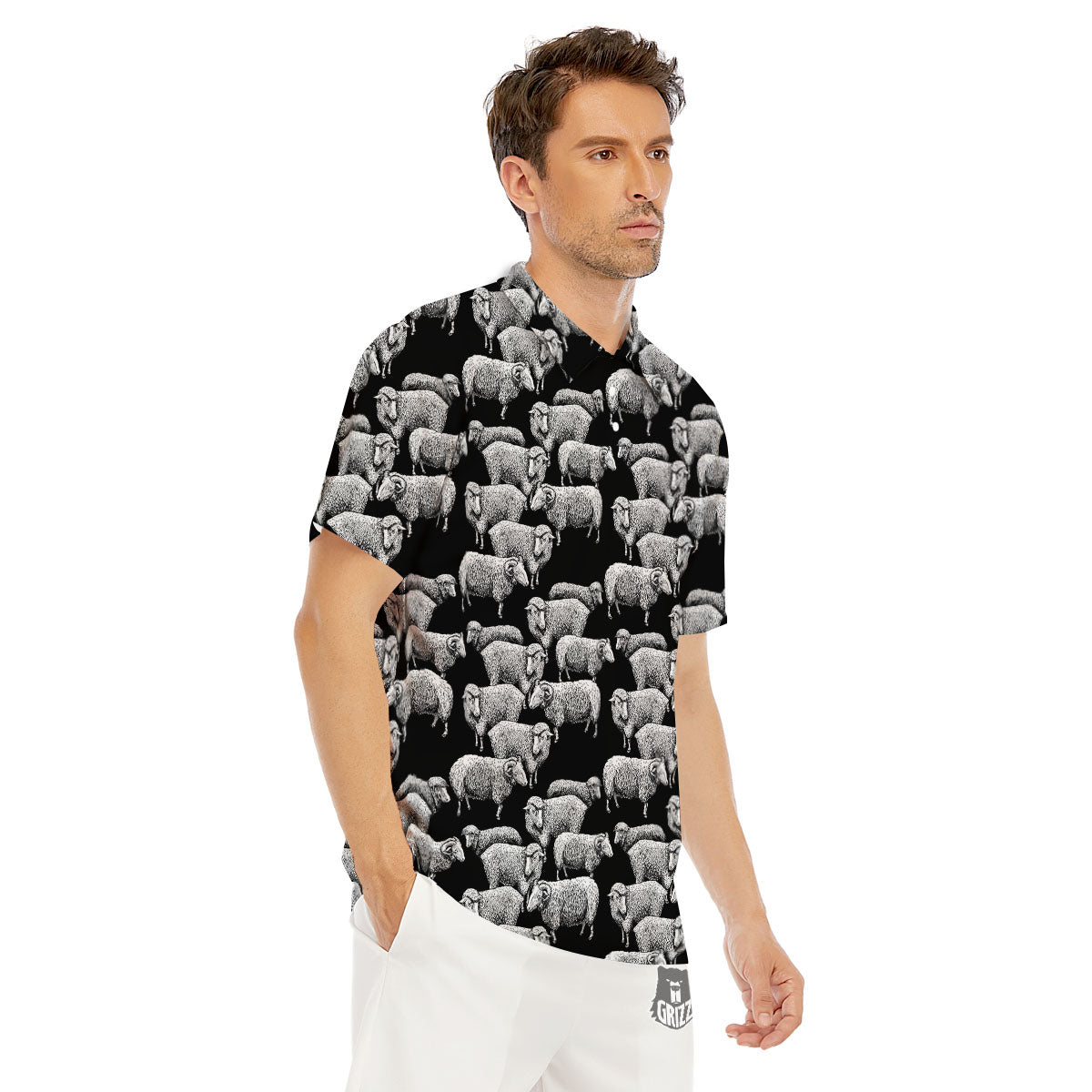 White Sheep And Black Print Pattern Men's Golf Shirts-grizzshop