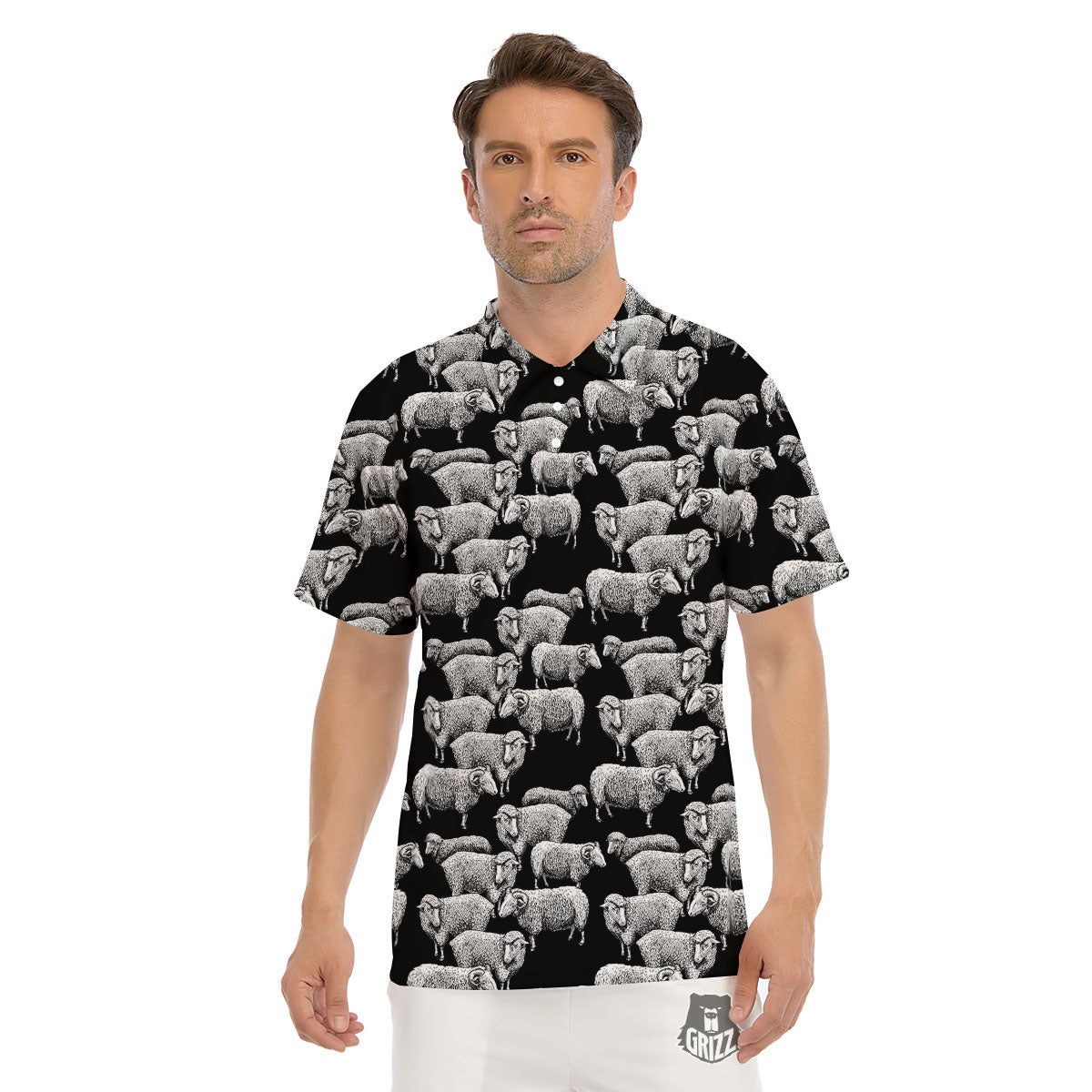 White Sheep And Black Print Pattern Men's Golf Shirts-grizzshop