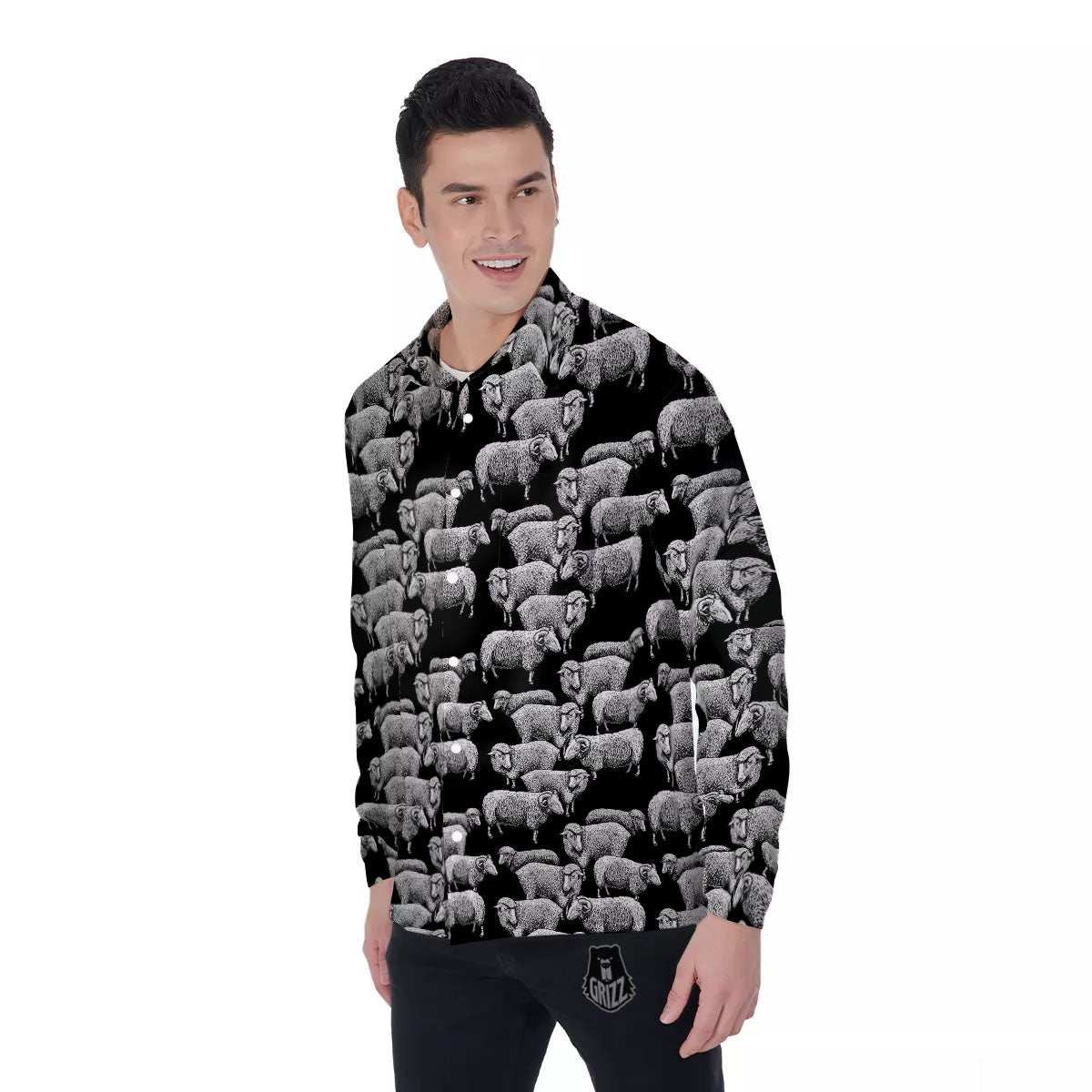 White Sheep And Black Print Pattern Men's Long Sleeve Shirts-grizzshop